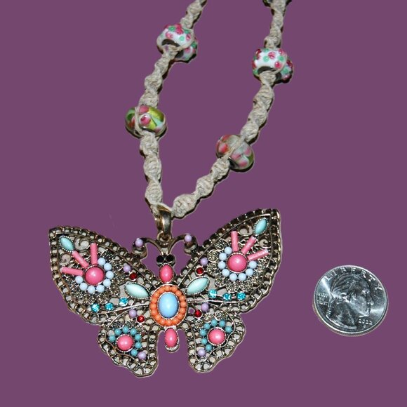Large Multi-colored Gold Toned Butterfly on a Tan  Handmade Hemp 17" Necklace - Picture 3 of 4